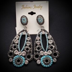 Black/Turquoise Ornate Rhinestone Earrings